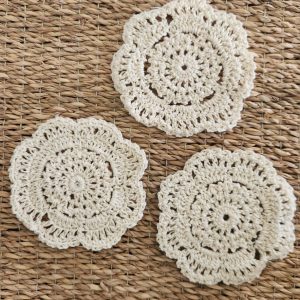 vintage handmade crochet coasters set of 3, natural cream
