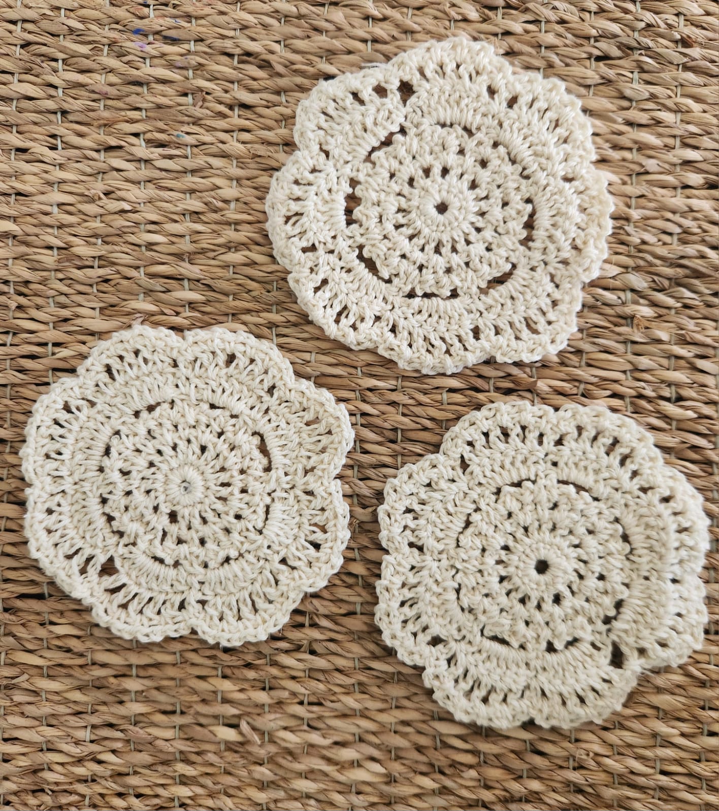 vintage handmade crochet coasters set of 3, natural cream vintage handmade crochet coasters set of 3, natural cream
