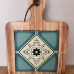 floral wooden hot pad with tile inlay