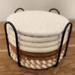 woven coaster set with iron holder 8 piece neutral collection