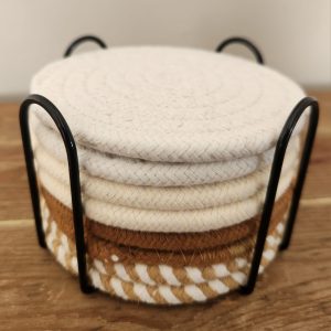 woven coaster set with iron holder 8 piece neutral collection